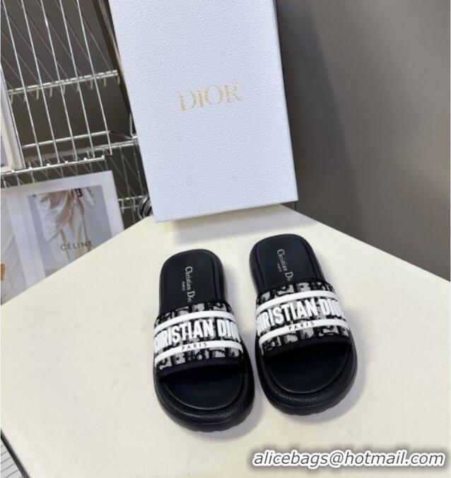 ​New Design Dior Dioriviera Dway Flat Slides Sandal in Oblique Embroidered Cotton and White Rubber D0006 Black 2025
