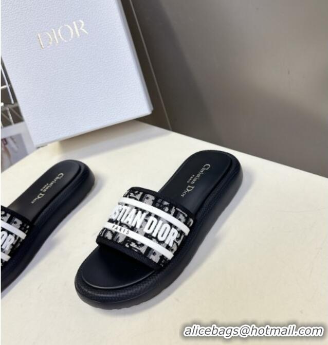 ​New Design Dior Dioriviera Dway Flat Slides Sandal in Oblique Embroidered Cotton and White Rubber D0006 Black 2025