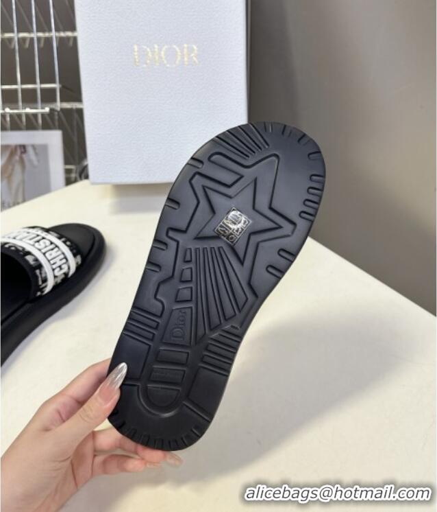 ​New Design Dior Dioriviera Dway Flat Slides Sandal in Oblique Embroidered Cotton and White Rubber D0006 Black 2025