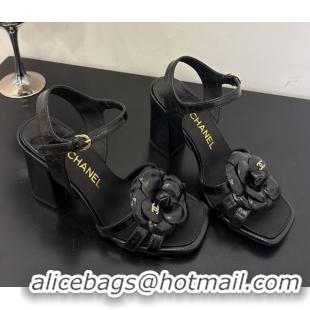 Good Quality Chanel Heel Camellia Sandals 9cm Black Patent Leather 2025 G46516