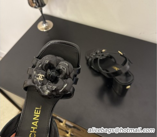 Good Quality Chanel Heel Camellia Sandals 9cm Black Patent Leather 2025 G46516