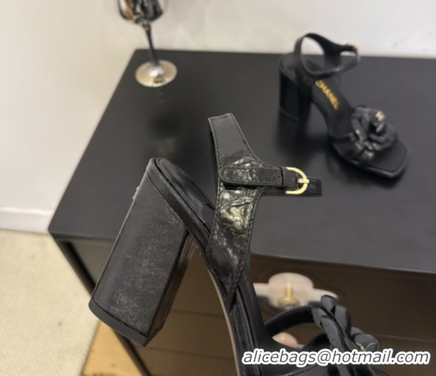 Good Quality Chanel Heel Camellia Sandals 9cm Black Patent Leather 2025 G46516