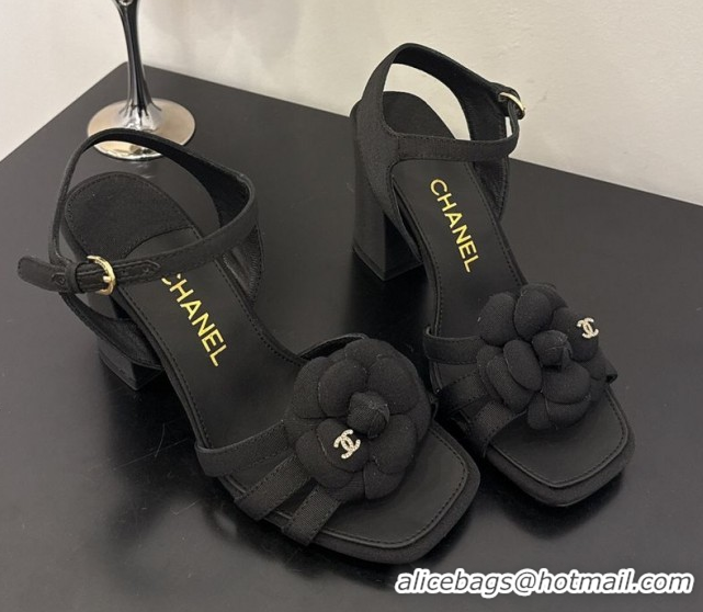 Good Quality Chanel Heel Camellia Sandals 9cm Black Patent Leather 2025 G46516