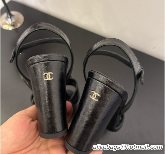 Good Quality Chanel Heel Camellia Sandals 9cm Black Patent Leather 2025 G46516