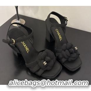 Shop Cheap Chanel Heel Camellia Sandals 9cm Black Grosgrain 2025 G46516