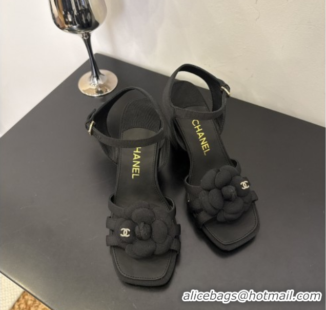 Shop Cheap Chanel Heel Camellia Sandals 9cm Black Grosgrain 2025 G46516