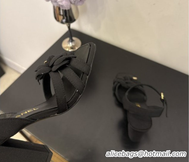 Shop Cheap Chanel Heel Camellia Sandals 9cm Black Grosgrain 2025 G46516