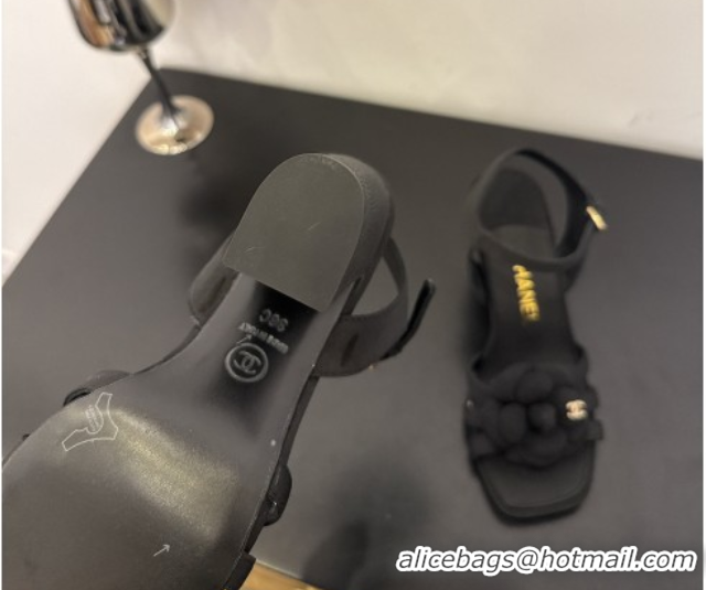 Shop Cheap Chanel Heel Camellia Sandals 9cm Black Grosgrain 2025 G46516