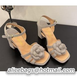 Good Quality Chanel Heel Camellia Sandals 9cm in Grey Suede 2025 G46516