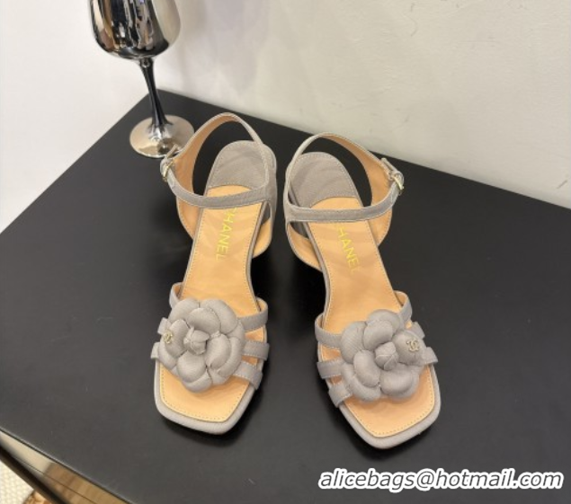 Good Quality Chanel Heel Camellia Sandals 9cm in Grey Suede 2025 G46516