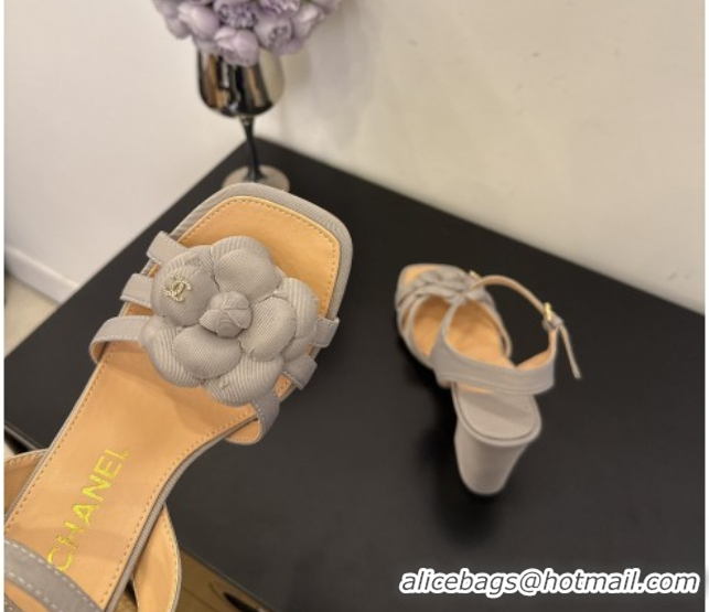 Good Quality Chanel Heel Camellia Sandals 9cm in Grey Suede 2025 G46516