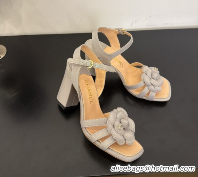 Good Quality Chanel Heel Camellia Sandals 9cm in Grey Suede 2025 G46516