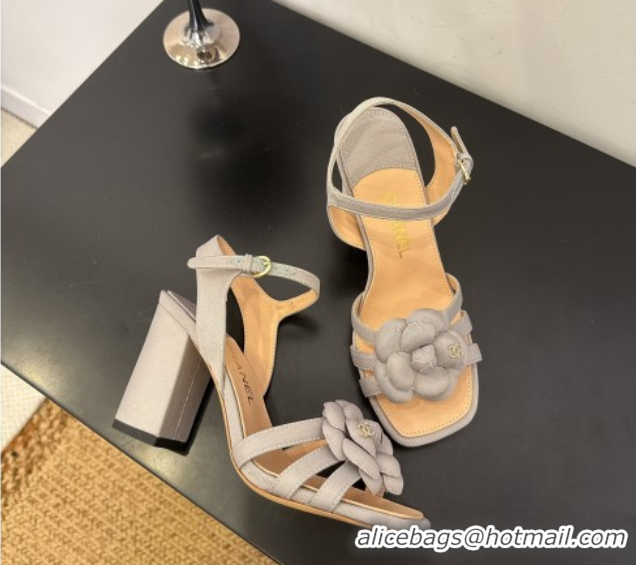 Good Quality Chanel Heel Camellia Sandals 9cm in Grey Suede 2025 G46516