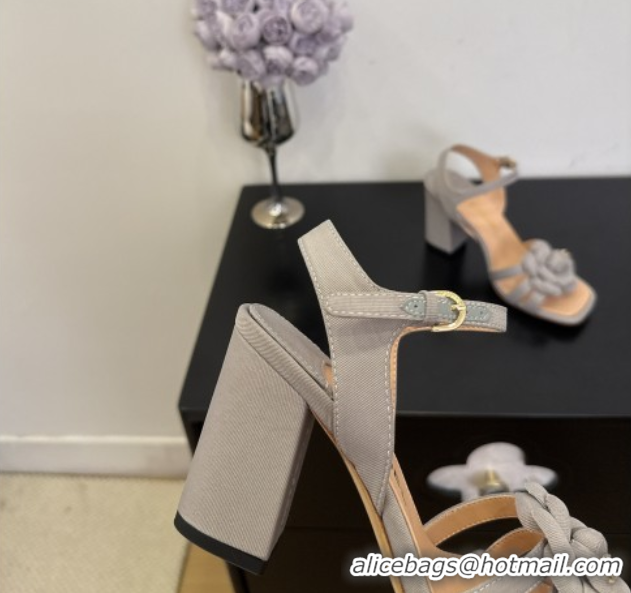 Good Quality Chanel Heel Camellia Sandals 9cm in Grey Suede 2025 G46516