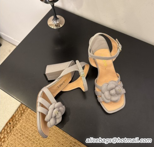 Good Quality Chanel Heel Camellia Sandals 9cm in Grey Suede 2025 G46516