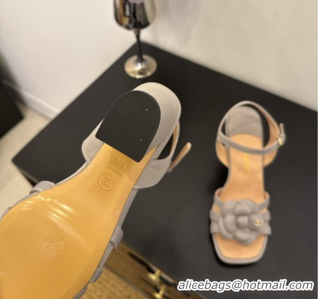 Good Quality Chanel Heel Camellia Sandals 9cm in Grey Suede 2025 G46516