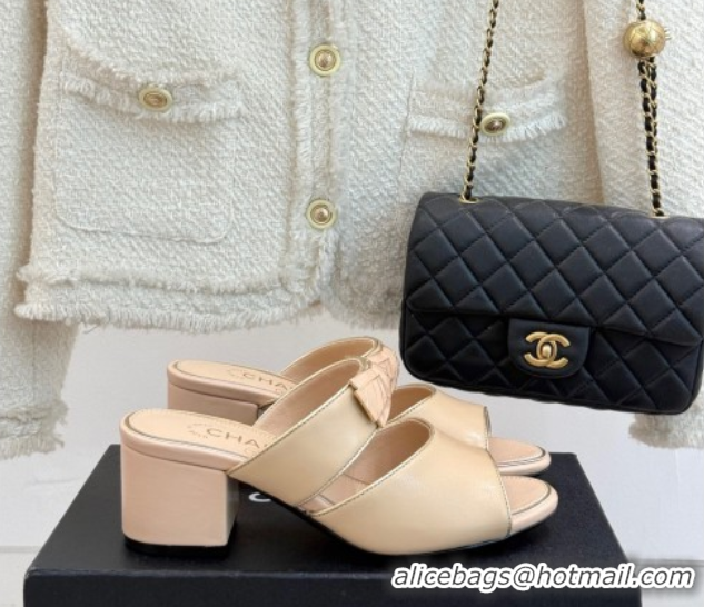 Buy Ladies Chanel Calfskin Heel Slides Sandal with Bow Beige 2025 CH071403