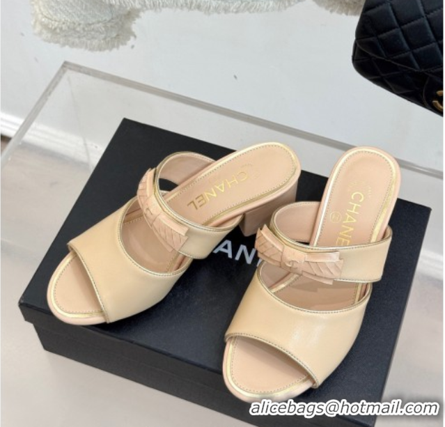 Buy Ladies Chanel Calfskin Heel Slides Sandal with Bow Beige 2025 CH071403