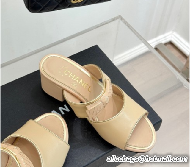Buy Ladies Chanel Calfskin Heel Slides Sandal with Bow Beige 2025 CH071403