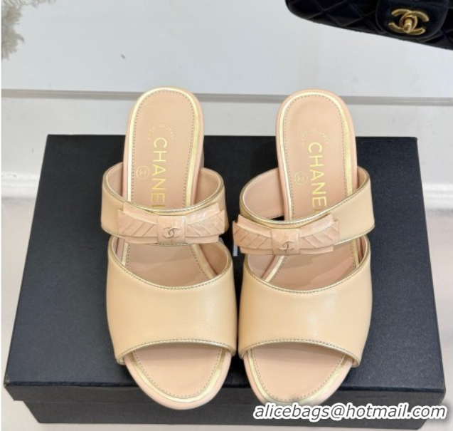 Buy Ladies Chanel Calfskin Heel Slides Sandal with Bow Beige 2025 CH071403