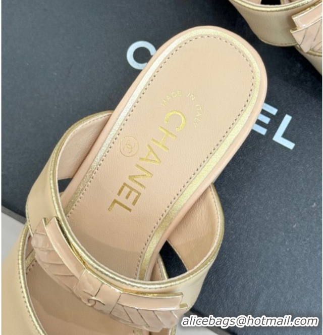 Buy Ladies Chanel Calfskin Heel Slides Sandal with Bow Beige 2025 CH071403