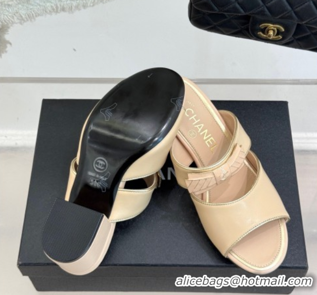 Buy Ladies Chanel Calfskin Heel Slides Sandal with Bow Beige 2025 CH071403