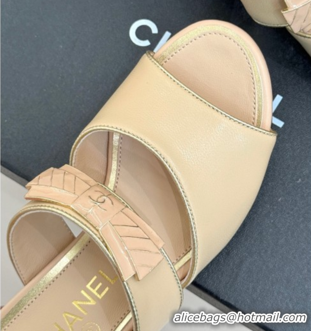 Buy Ladies Chanel Calfskin Heel Slides Sandal with Bow Beige 2025 CH071403