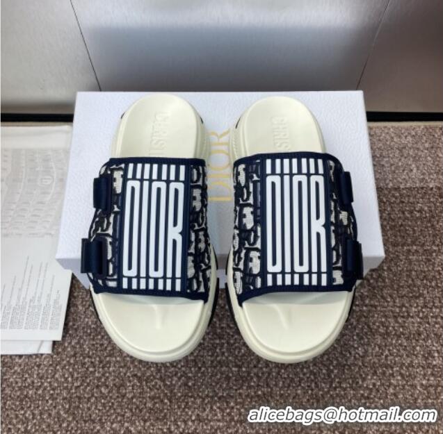 ​Luxury Cheap Dior D-Wander Platform Slides Sandal in Oblique Fabric D0021 Blue/Beige 2025