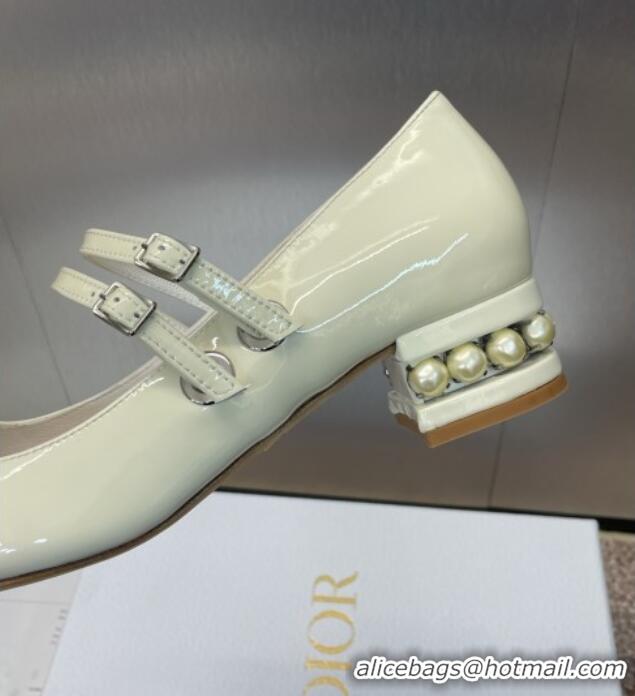 New Design Dior D-Lane Mary Janes Pumps 3.5cm in Patent Leather with Pearls D0025 White 2025