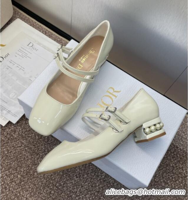 New Design Dior D-Lane Mary Janes Pumps 3.5cm in Patent Leather with Pearls D0025 White 2025