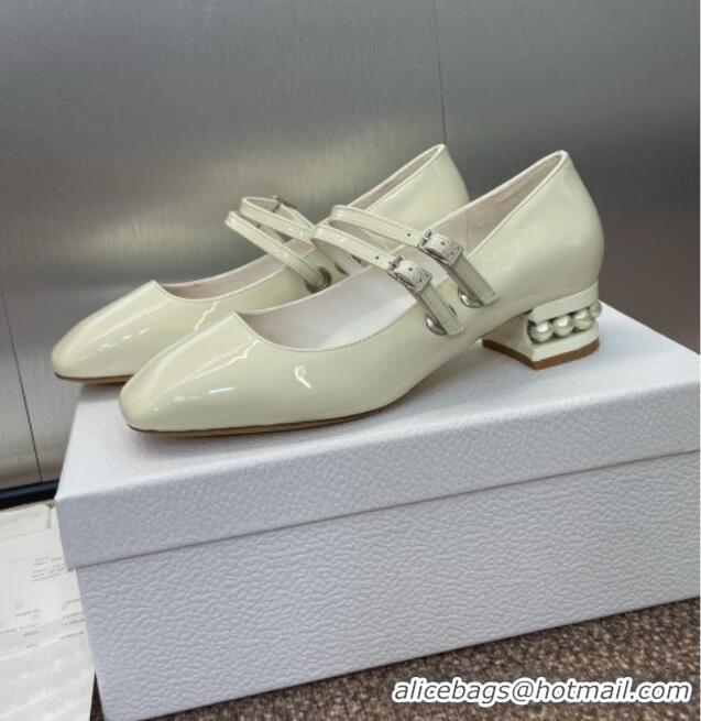 New Design Dior D-Lane Mary Janes Pumps 3.5cm in Patent Leather with Pearls D0025 White 2025