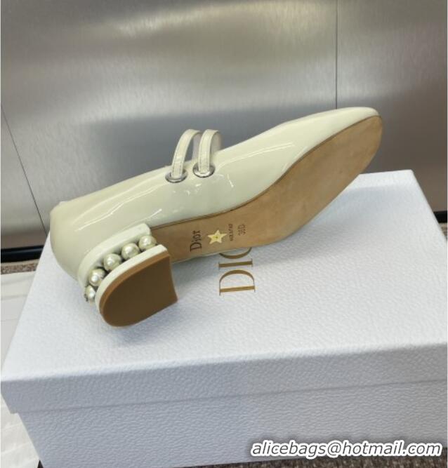 New Design Dior D-Lane Mary Janes Pumps 3.5cm in Patent Leather with Pearls D0025 White 2025