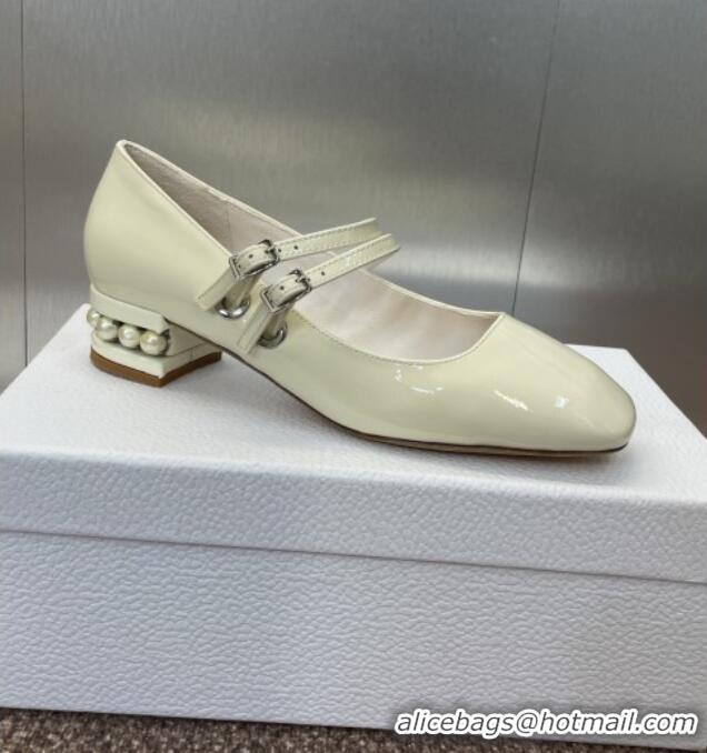New Design Dior D-Lane Mary Janes Pumps 3.5cm in Patent Leather with Pearls D0025 White 2025