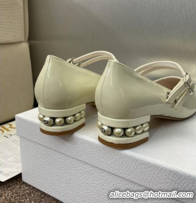 New Design Dior D-Lane Mary Janes Pumps 3.5cm in Patent Leather with Pearls D0025 White 2025