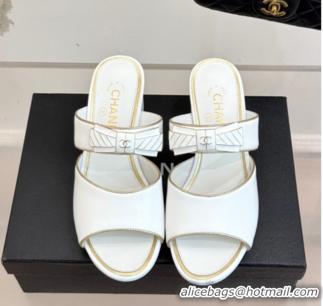 Buy Discount Chanel Calfskin Heel Slides Sandal with Bow White 2025 CH071403