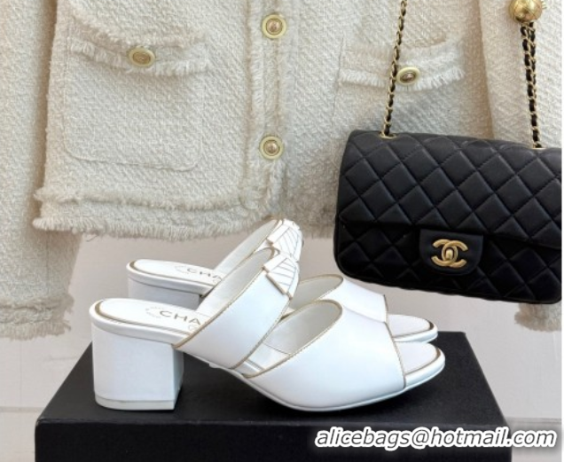 Buy Discount Chanel Calfskin Heel Slides Sandal with Bow White 2025 CH071403