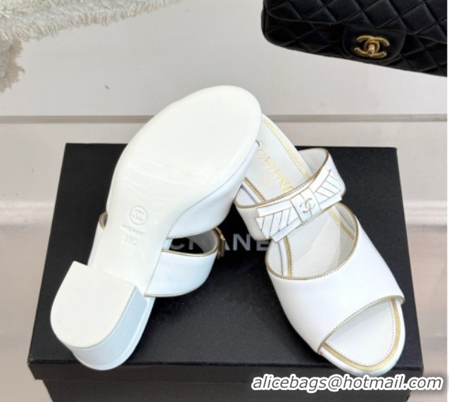 Buy Discount Chanel Calfskin Heel Slides Sandal with Bow White 2025 CH071403