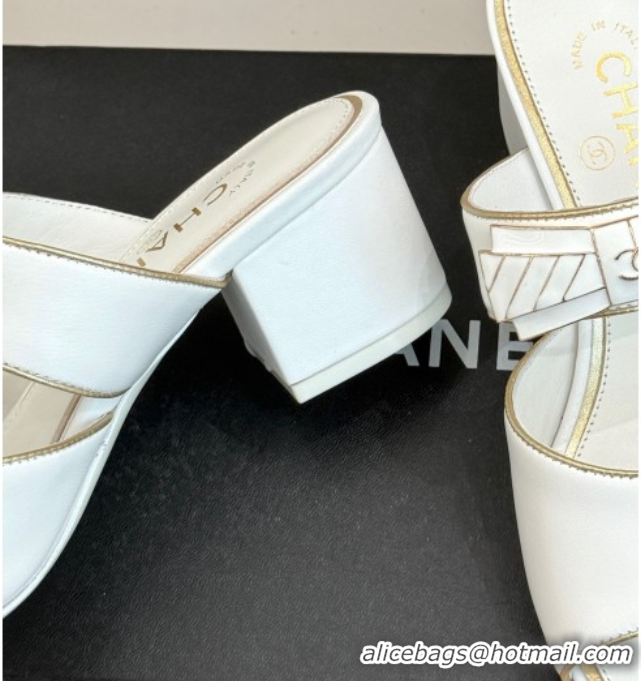 Buy Discount Chanel Calfskin Heel Slides Sandal with Bow White 2025 CH071403