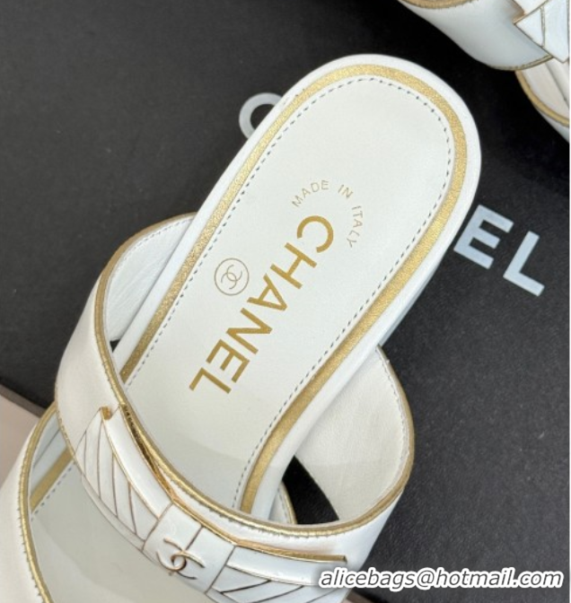 Buy Discount Chanel Calfskin Heel Slides Sandal with Bow White 2025 CH071403