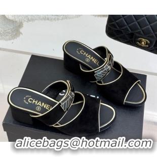 Stylish Chanel Suede Heel Slides Sandal with Bow Black 2025 CH071403