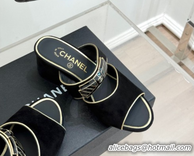 Stylish Chanel Suede Heel Slides Sandal with Bow Black 2025 CH071403