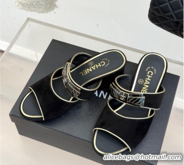 Stylish Chanel Suede Heel Slides Sandal with Bow Black 2025 CH071403