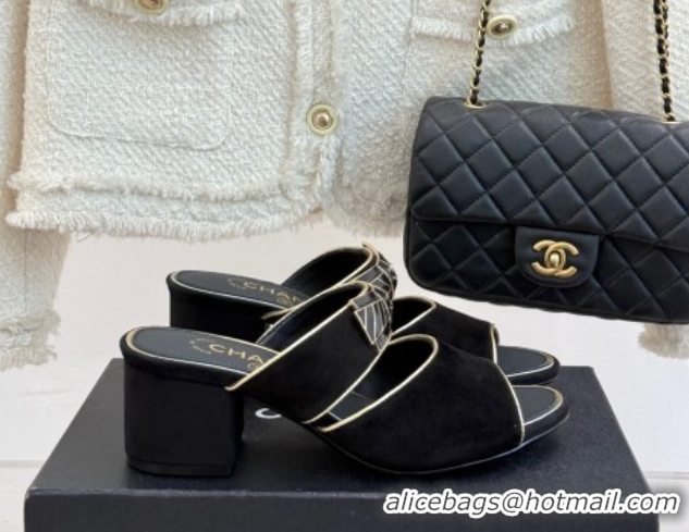 Stylish Chanel Suede Heel Slides Sandal with Bow Black 2025 CH071403
