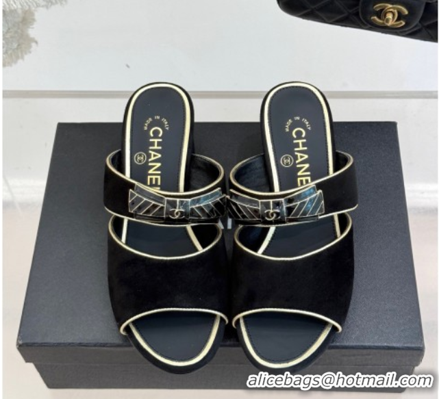 Stylish Chanel Suede Heel Slides Sandal with Bow Black 2025 CH071403