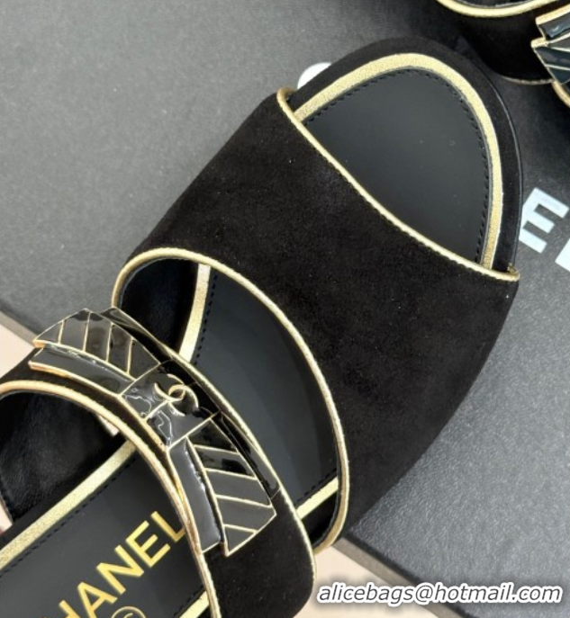 Stylish Chanel Suede Heel Slides Sandal with Bow Black 2025 CH071403