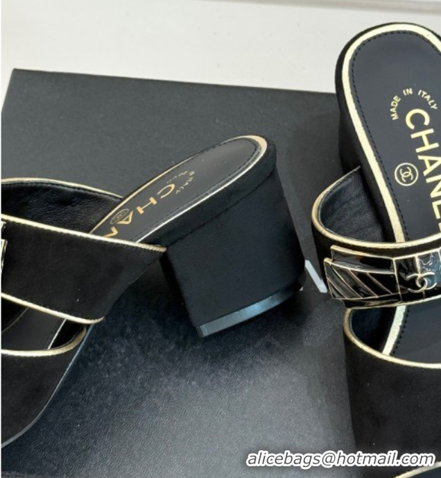 Stylish Chanel Suede Heel Slides Sandal with Bow Black 2025 CH071403