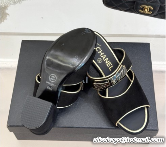 Stylish Chanel Suede Heel Slides Sandal with Bow Black 2025 CH071403