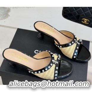 Sumptuous Chanel Straw-Like & Patent Calfskin Heel Slides Sandal with Strass Khaki/Black 2025 CH071404