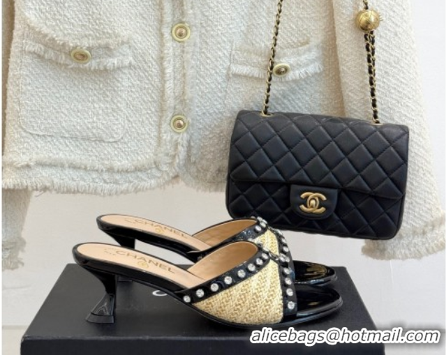 Sumptuous Chanel Straw-Like & Patent Calfskin Heel Slides Sandal with Strass Khaki/Black 2025 CH071404