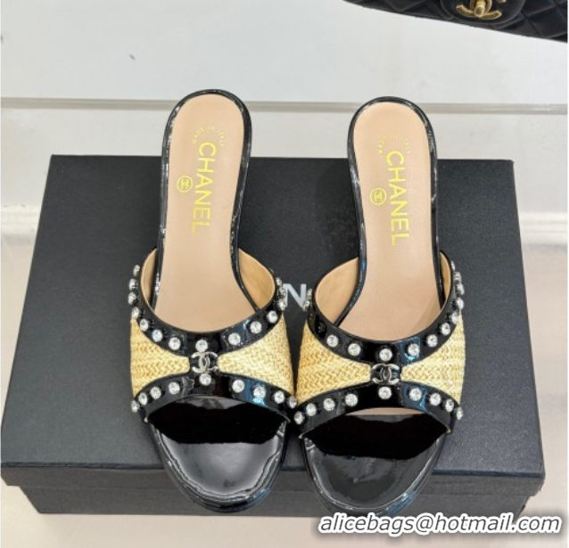 Sumptuous Chanel Straw-Like & Patent Calfskin Heel Slides Sandal with Strass Khaki/Black 2025 CH071404